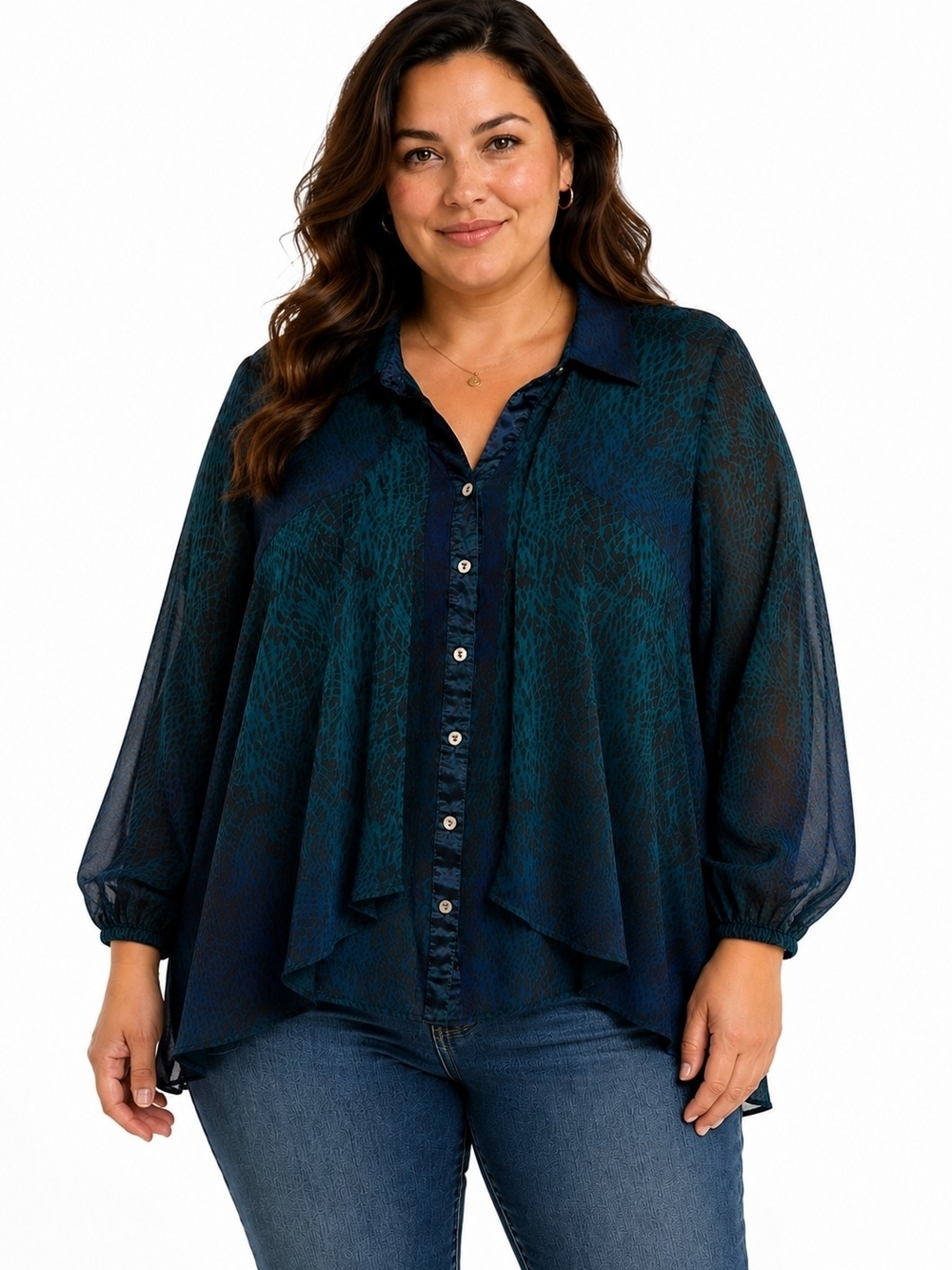 Multiples Teal & Navy Animal Print Flowy Button-Up Blouse